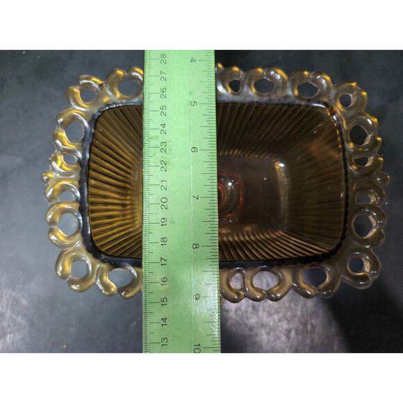 FTDA Amber Glass Candy Dish, Lace Ribbed‎ Pedestal Bowl, VTG Home Decor, Planter - Picture 6 of 11